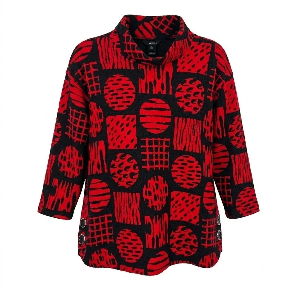 NEW Ali Miles XL Red Black Geometric Abstract Cowl Neck 3/4 Sleeve Tunic Top